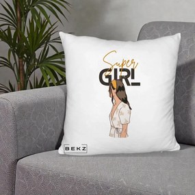 Perna Decorativa Super Girl Aesthetic, 40x40 cm, Alb Pufos, Husa Detasabila, Perna Inclusa, BEKZ®