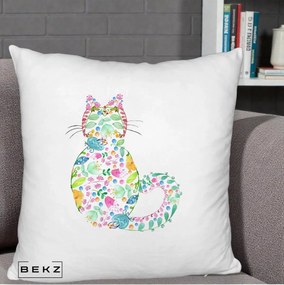 Perna Decorativa Pisica Florala Acuarela, 40x40 cm, Alb Pufos, Husa Detasabila, Perna Inclusa, BEKZ®