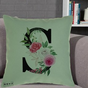 Cadou Personalizat - Perna Personalizata Monograma Florala Litera S, 40x40 cm, Verde, Husa Detasabila, Perna Inclusa, BEKZ®
