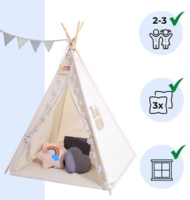 Jurhan Cort tip teepee pentru copii JULIUS, 120x120x160cm, alb/gri