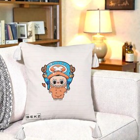 Perna Personalizata Labubu x Tony Tony Chopper, 40x40 cm, Bej cu Franjuri, Husa Detasabila, Perna Inclusa, BEKZ®