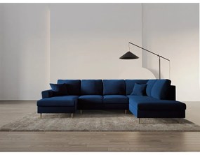 Colțar albastru extensibil, cu spațiu de depozitare cu tapițerie din catifea (cu colț pe partea dreaptă-în formă de "U") Kyoto – Cosmopolitan Design