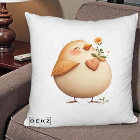 Perna Decorativa Pui cu Inima si Floarea-Soarelui, 40x40 cm, Alb Pufos, Husa Detasabila, Perna Inclusa, BEKZ®