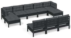 3097119 vidaXL Set mobilier grădină cu perne, 10 piese, negru, lemn de pin