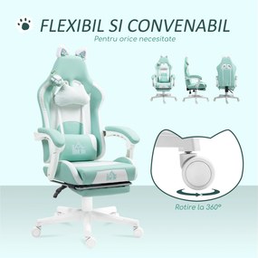 Scaun de Gaming Reclinabil HOMCOM cu Suport pentru Picioare și Perne, din Piele Artificială și Spumă, 65x62x116-124 cm, Albastru și Alb | Aosom Romania