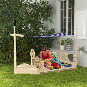 Outusunny Nisipar din lemn pentru copii, cu copertina, Lada de nisip pentru exterior cu set de joaca tip bucatarie, scaun, depozitare, pentru gradina