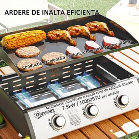 Outsunny Grătar pe Gaz din Oțel cu 3 Arzătoare, Regulator, Furtun și Capac, 63x47x25 cm, Negru | Aosom Romania