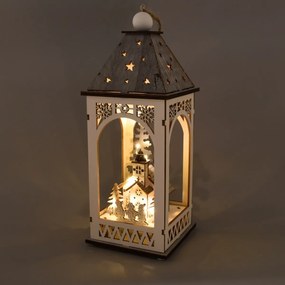 Lanterna din lemn cu motiv de Crăciun și iluminare LED, 11 x 29 cm, alb cald