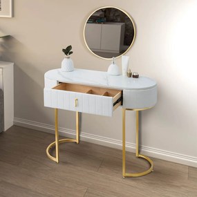 SEA75 - Set Masa toaleta, 100 cm, cosmetica, masa machiaj cu oglinda, masuta vanity cu scaun - Alb-Auriu