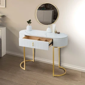 SEA75 - Set Masa toaleta, 100 cm, cosmetica, masa machiaj cu oglinda, masuta vanity cu scaun - Alb-Auriu