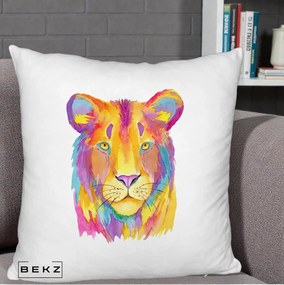 Perna Decorativa Leu Acuarela Curcubeu, 40x40 cm, Alb Pufos, Husa Detasabila, Perna Inclusa, BEKZ®