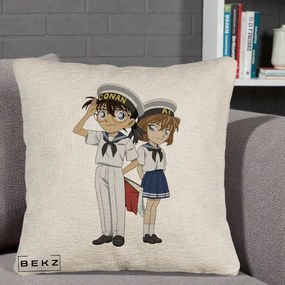 Perna Personalizata Detective Conan Conan si Ai Sailor, 40x40 cm, Bej Canapea, Husa Detasabila, Perna Inclusa, BEKZ®