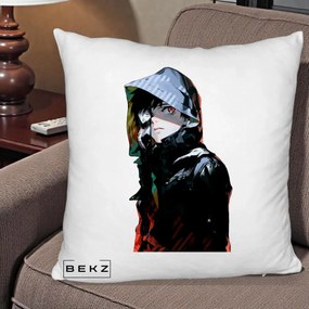 Perna Personalizata Tokyo Ghoul Ken Kaneki cu Masca si Gluga, 40x40 cm, Alb Pufos, Husa Detasabila, Perna Inclusa, BEKZ®