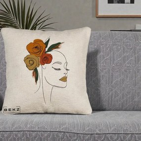Perna Decorativa Portret Feminin Trandafiri Ruginii, 40x40 cm, Bej Canapea, Husa Detasabila, Perna Inclusa, BEKZ®