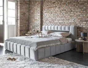 Pat matrimonial gri deschis tapițat cu spațiu de depozitare cu somieră 160x200 cm Lamica – ELTAP