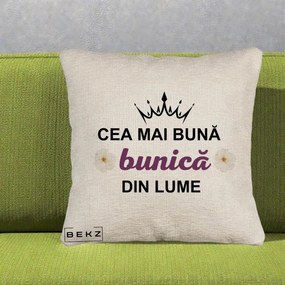 Cadou pentru Bunica - Perna Personalizata Cea Mai Buna Bunica Din Lume Coroana Mov Flori, 40x40 cm, Bej Canapea, Husa Detasabila, Perna Inclusa, BEKZ®