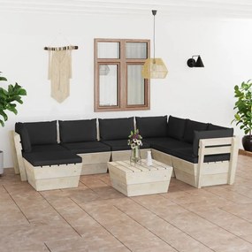 Set mobilier gradina din paleti cu perne, 8 piese, lemn molid Negru, 3x colt + 3x mijloc + masa + suport pentru picioare, 1