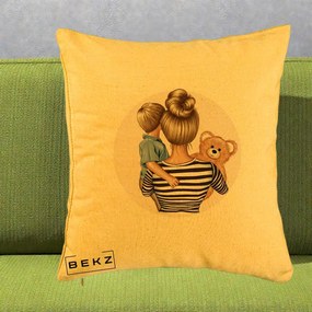 Cadou pentru Mama - Perna Personalizata Mama si Baietelul cu Ursulet, 40x40 cm, Galben, Husa Detasabila, Perna Inclusa, BEKZ®