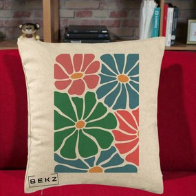 Perna Decorativa Flori Grafice Verde-Roz-Albastru, 40x40 cm, Bej, Husa Detasabila, Perna Inclusa, BEKZ®