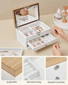 Cutie de bijuterii, Songmics, Alb-Lemn, 25x18x14.5 cm