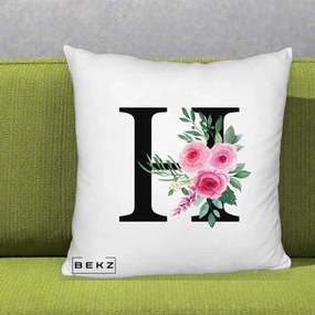 Cadou Personalizat - Perna Personalizata Monograma Florala Litera H cu Trandafiri Roz, 40x40 cm, Alb Pufos, Husa Detasabila, Perna Inclusa, BEKZ®