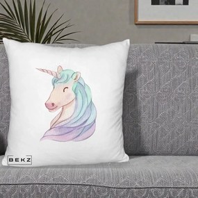 Perna Decorativa Unicorn Acuarela Pastel, 40x40 cm, Alb Pufos, Husa Detasabila, Perna Inclusa, BEKZ®