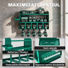 Outsunny Suport pentru Unelte, Suport pentru 5 Burghie Electrice cu Tavă Laterală | Aosom Romania
