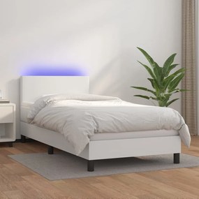vidaXL Pat continental cu saltea &amp; LED, alb, 90x200 cm, piele eco
