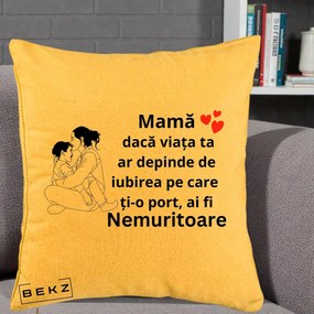 Cadou pentru Mama - Perna Personalizata Mama Nemuritoare Kawaii, 40x40 cm, Galben, Husa Detasabila, Perna Inclusa, BEKZ®