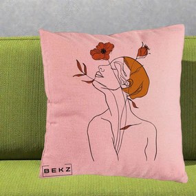 Perna Decorativa Portret Feminin Mac Privire Inalta, 40x40 cm, Roz, Husa Detasabila, Perna Inclusa, BEKZ®