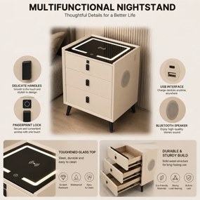 Noptieră inteligentă multifuncțională, 3 sertare, blocare cu amprentă, LED-uri tactile, 3 tipuri de culoare, încărcare fără fir, Difuzor Bluetooth, incarcare USB, sticla securizata, Ivory