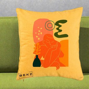 Perna Decorativa Femeie Meditand Abstract, 40x40 cm, Galben, Husa Detasabila, Perna Inclusa, BEKZ®