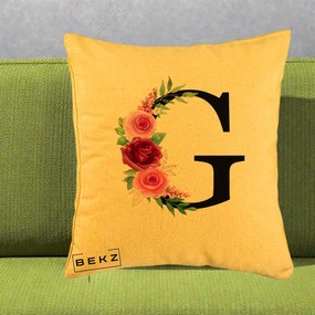 Cadou Personalizat - Perna Personalizata Monograma Florala Litera G, 40x40 cm, Galben, Husa Detasabila, Perna Inclusa, BEKZ®