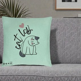 Perna Personalizata Cat Lover Pisica Ilustratie Linie, 40x40 cm, Verde Menta, Husa Detasabila, Perna Inclusa, BEKZ®