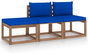 Set mobilier gradina paleti cu perne, 3 piese, lemn pin tratat Albastru, 2x mijloc + suport pentru picioare, 1