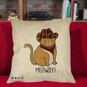 Perna Decorativa Pisica Cowboy Meowdy, 40x40 cm, Crem, Husa Detasabila, Perna Inclusa, BEKZ®