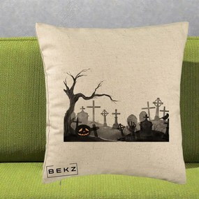 Perna Decorativa Halloween Cimitir Acuarela cu Dovleac, 40x40 cm, Bej, Husa Detasabila, Perna Inclusa, BEKZ®