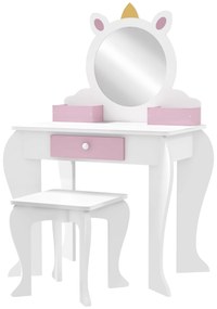 ZONEKIZ Masă de toaletă pentru copii cu taburet și oglindă Masă de toaletă pentru fete cu sertar compartimente design unicorn alb | Aosom Romania