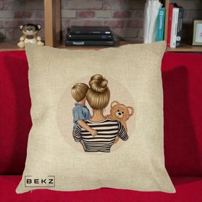 Cadou pentru Mama - Perna Personalizata Mama si Baietelul cu Ursulet, 40x40 cm, Crem, Husa Detasabila, Perna Inclusa, BEKZ®