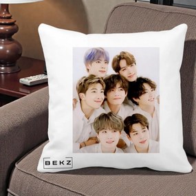 Perna Personalizata K-pop BTS Foto Grup Fete Albe, 40x40 cm, Alba Mata, Husa Detasabila, Perna Inclusa, BEKZ®