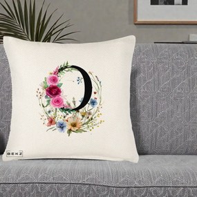 Cadou Personalizat - Perna Personalizata Monogram Litera O cu Flori Acuarela, 40x40 cm, Crem Reliefat, Husa Detasabila, Perna Inclusa, BEKZ®