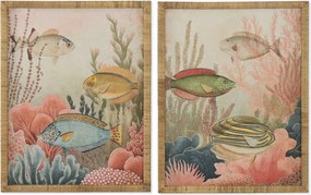 Set 2 tablouri decorative cu motive marine și ramă din sticlă și rattan, 55×2,5×70 cm, „Fondo Marino"