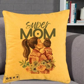 Cadou pentru Mama - Perna Personalizata Super Mom Mama cu Bebelusul, 40x40 cm, Galben, Husa Detasabila, Perna Inclusa, BEKZ®