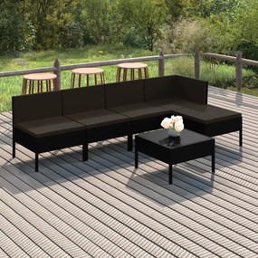 Set mobilier de gradina cu perne, 6 piese, negru, poliratan colt + 3x mijloc + suport pentru picioare + masa, 1