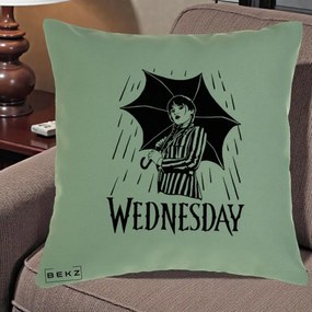 Perna Personalizata Wednesday cu Umbrela Ploaie Lineart, 40x40 cm, Verde, Husa Detasabila, Perna Inclusa, BEKZ®
