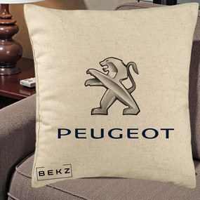 Perna Personalizata cu emblema Peugeot, 40x40 cm, Bej, Husa Detasabila, Perna Inclusa, BEKZ®