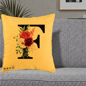 Cadou Personalizat - Perna Personalizata Monograma Florala Litera F, 40x40 cm, Galben, Husa Detasabila, Perna Inclusa, BEKZ®