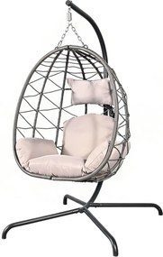 Fotoliu leagan suspendat, cos pliabil, perne moi, rezistent la UV, împletitură PE ratan, structură metalică, pentru interior și exterior, Gri