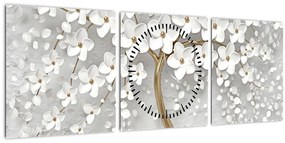 Tablou cu copac alb cu flori (cu ceas) (90x30 cm)