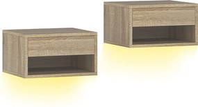 HOMCOM Set 2 Noptiere Suspendate cu LED Integrat și Reglabil prin Aplicație, Sertar și Raft, 37x32x21 cm, Nuanță de Lemn | Aosom Romania